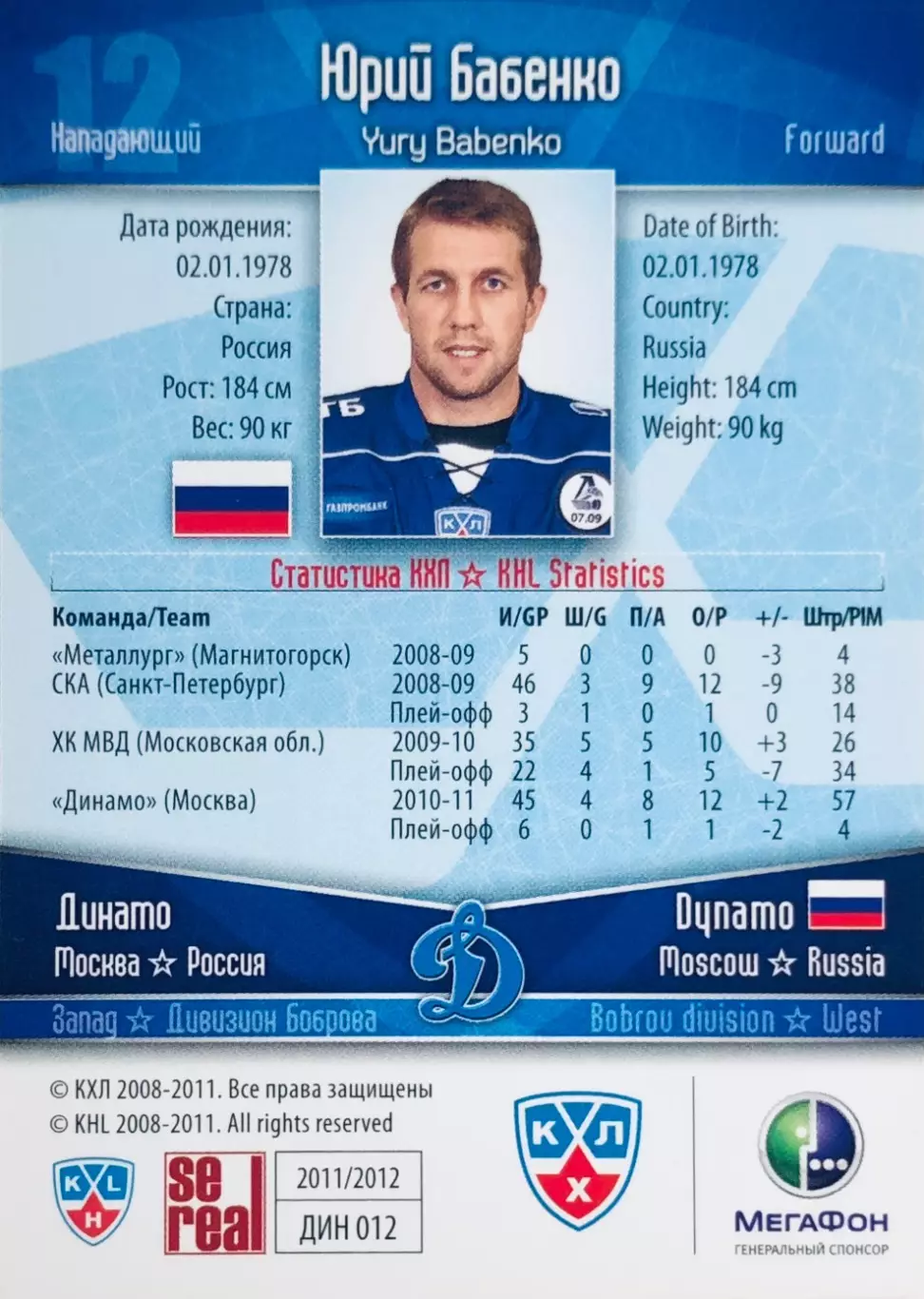 Карточка Юрий Бабенко ХК Динамо Москва 1