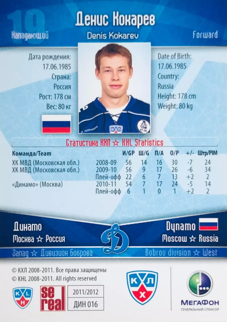 Карточка Денис Кокарев ХК Динамо Москва 1