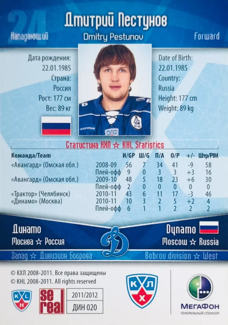 Карточка Дмитрий Пестунов ХК Динамо Москва 1