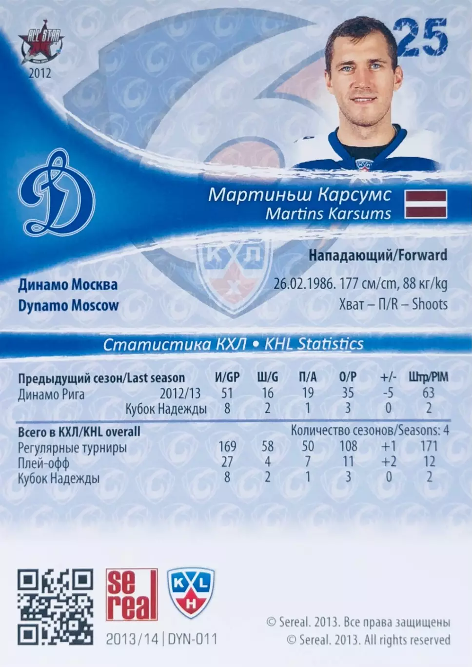 Карточка Мартиньш Карсумс ХК Динамо Москва 1