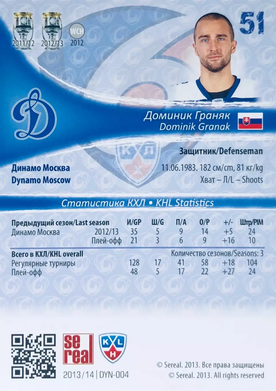 Карточка Доминик Граняк ХК ”Динамо” Москва 1