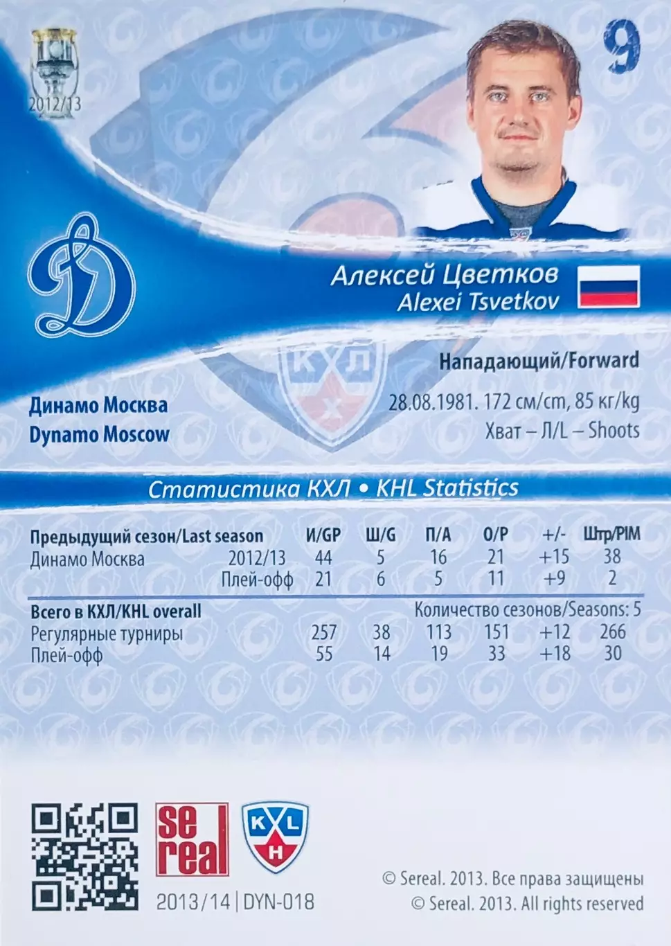 Карточка Алексей Цветков ХК Динамо Москва 1