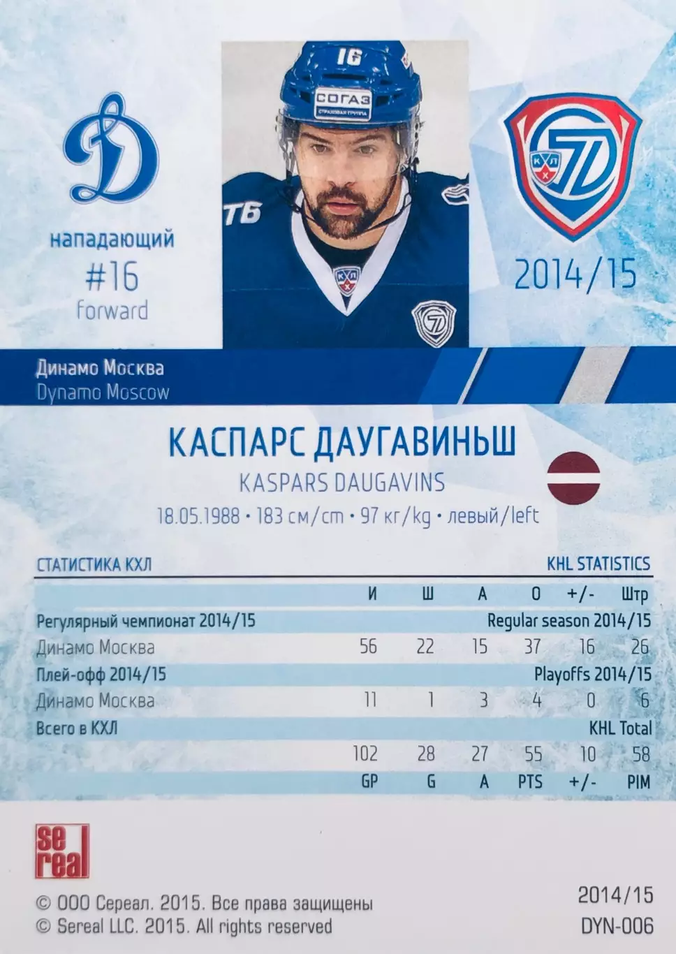 Карточка Каспарс Даугавиньш ХК ”Динамо” Москва 1