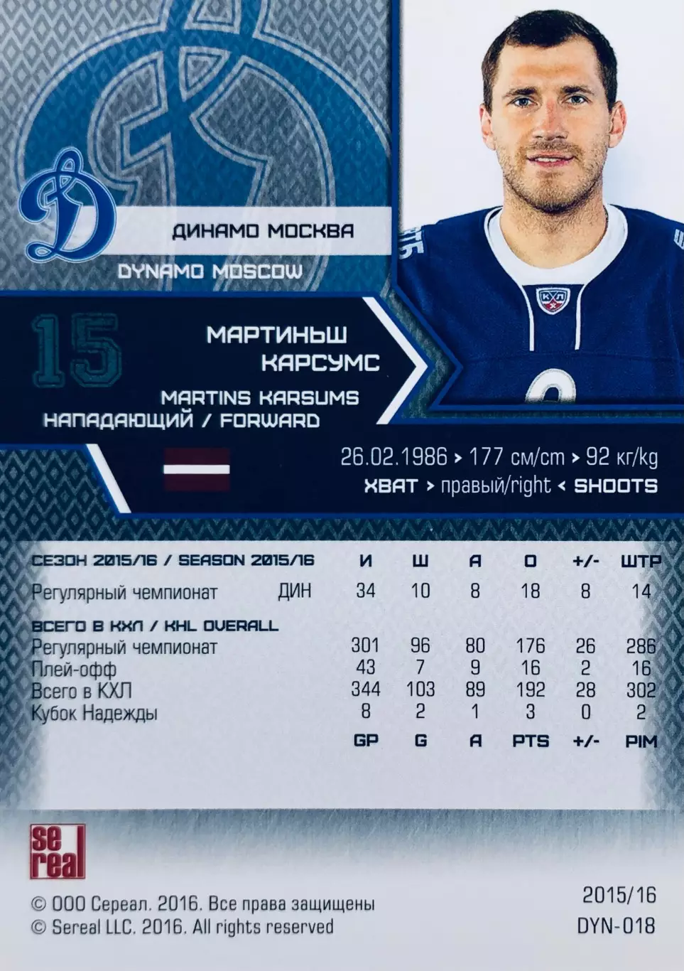 Карточка Мартиньш Карсумс ХК Динамо Москва 1