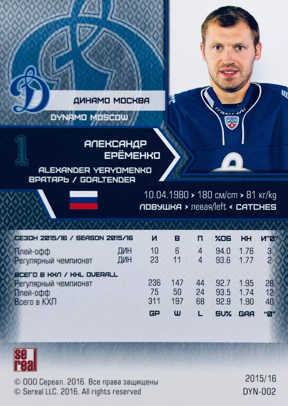 Карточка Александр Ерёменко ХК “Динамо“ Москва 1
