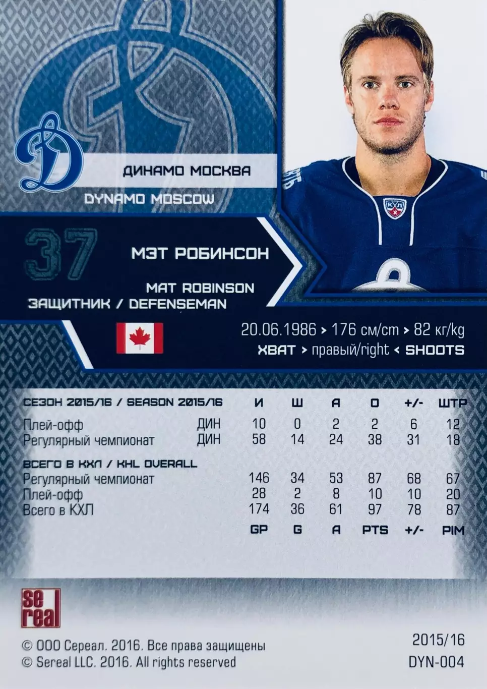 Карточка Мэт Робинсон ХК ”Динамо” Москва 1
