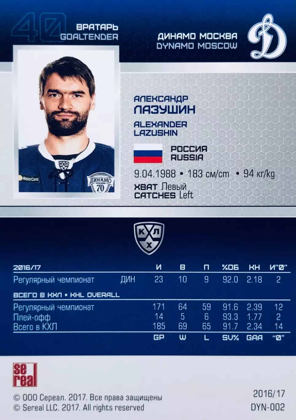 Карточка Александр Лазушин ХК Динамо Москва 1