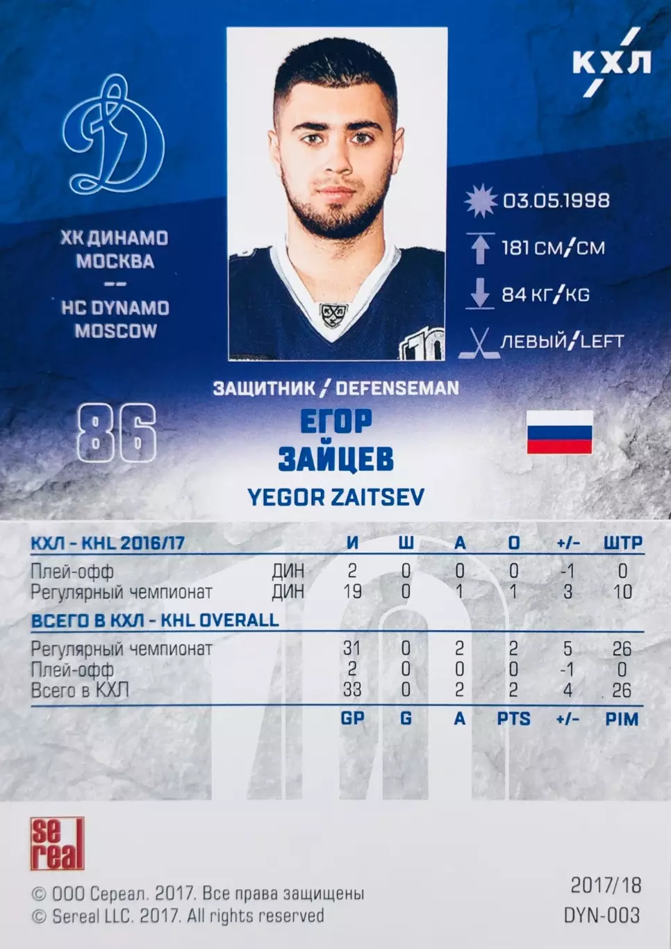 Карточка Егор Зайцев ХК Динамо Москва 1