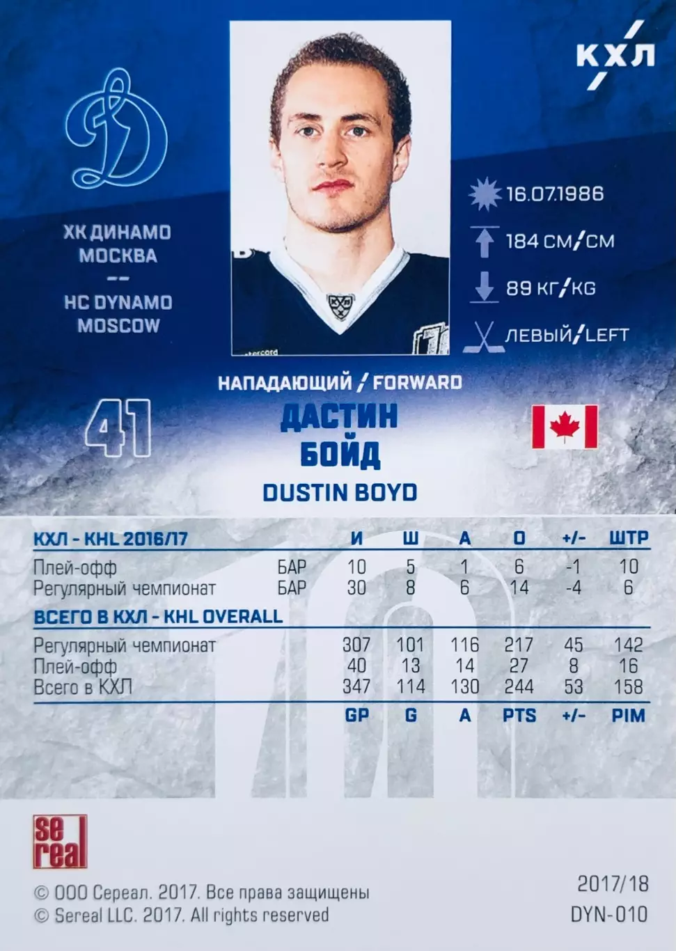 Карточка Дастин Бойд ХК Динамо Москва 1