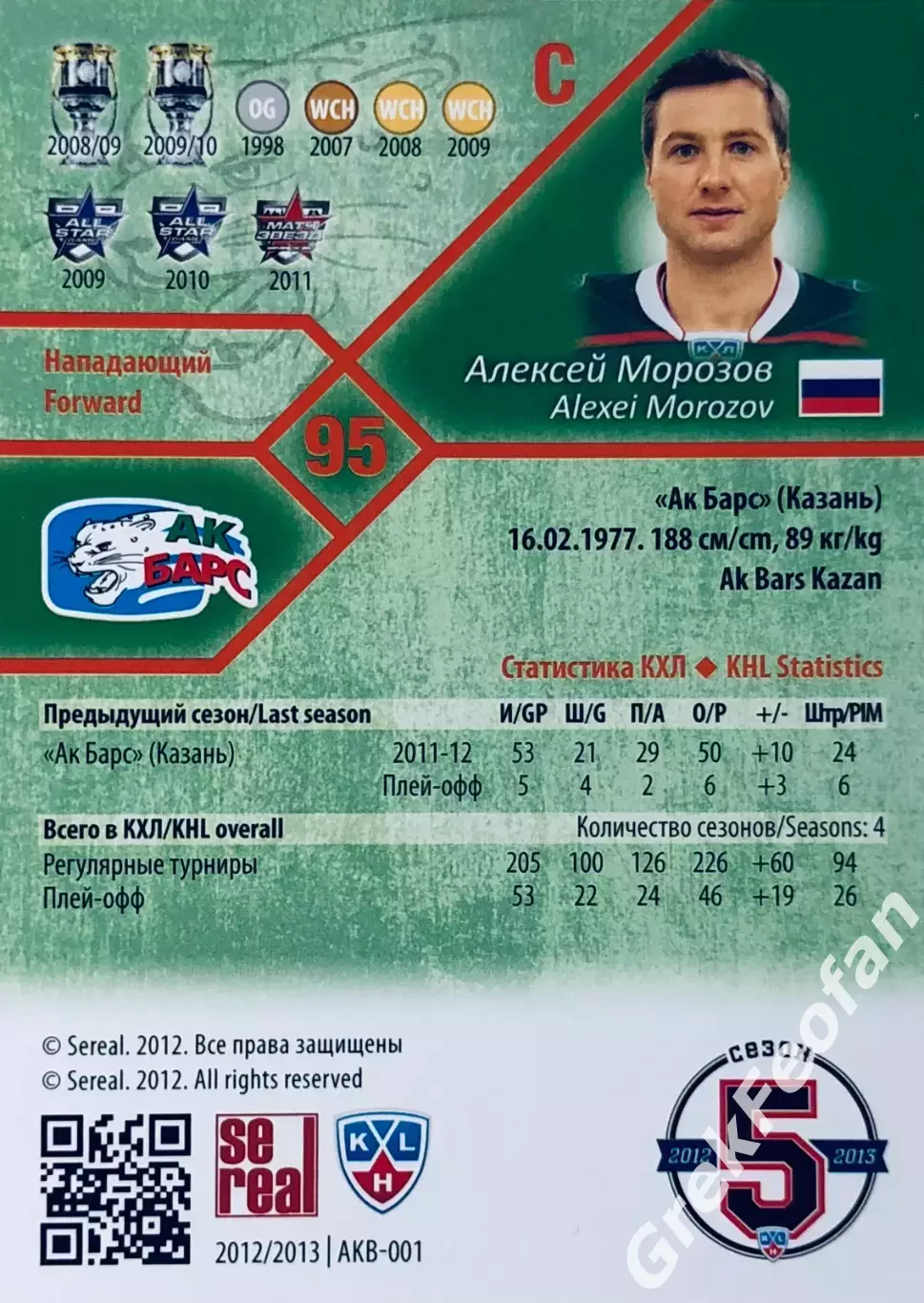 Карточка Алексей Морозов ХК ”Ак Барс” Казань 1