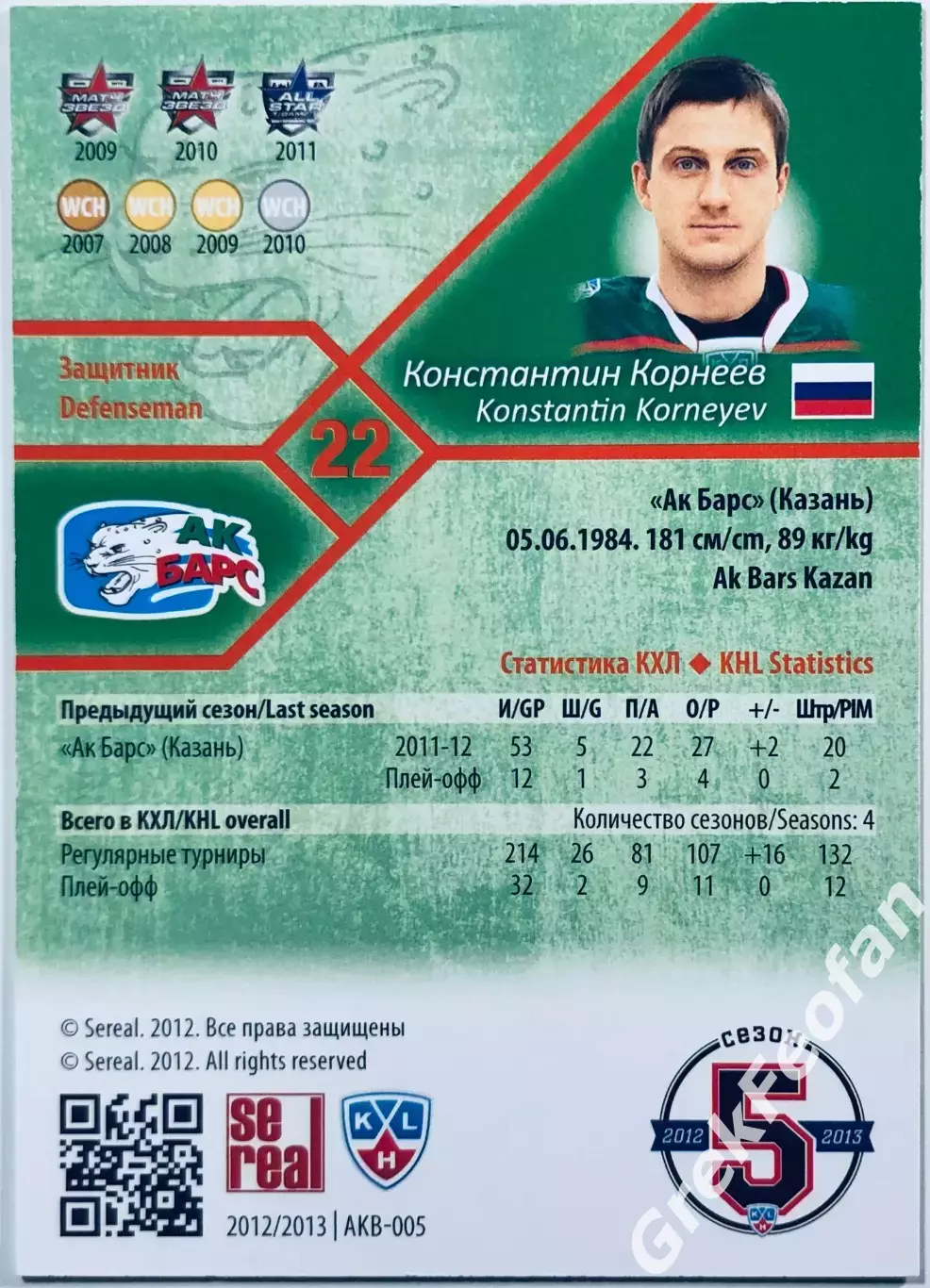 Карточка Константин Корнеев ХК Ак Барс Казань 1