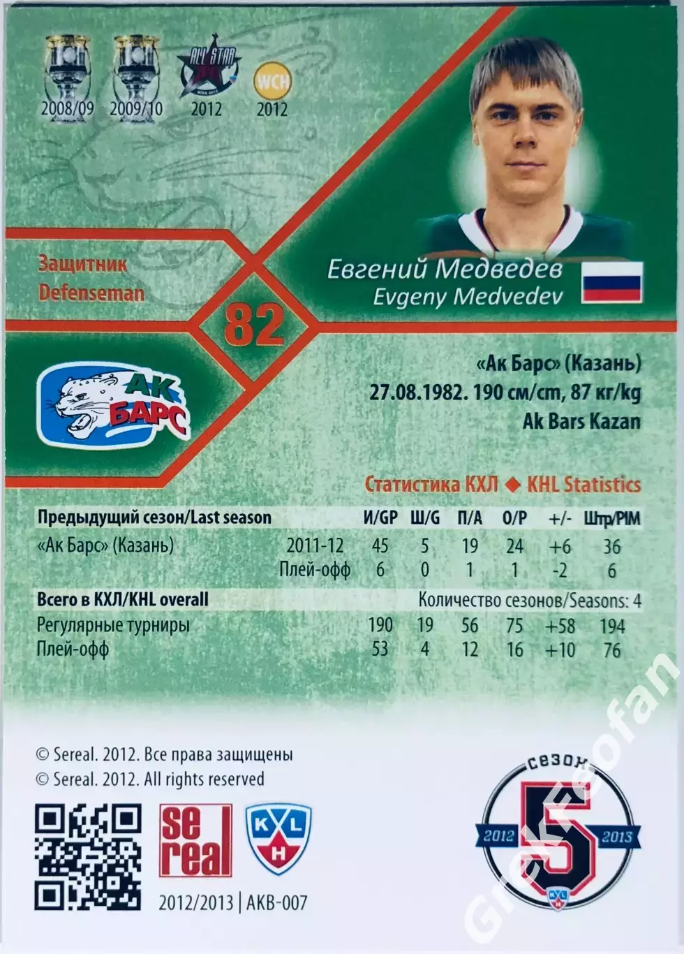 Карточка Евгений Медведев ХК ”Ак Барс” Казань 1
