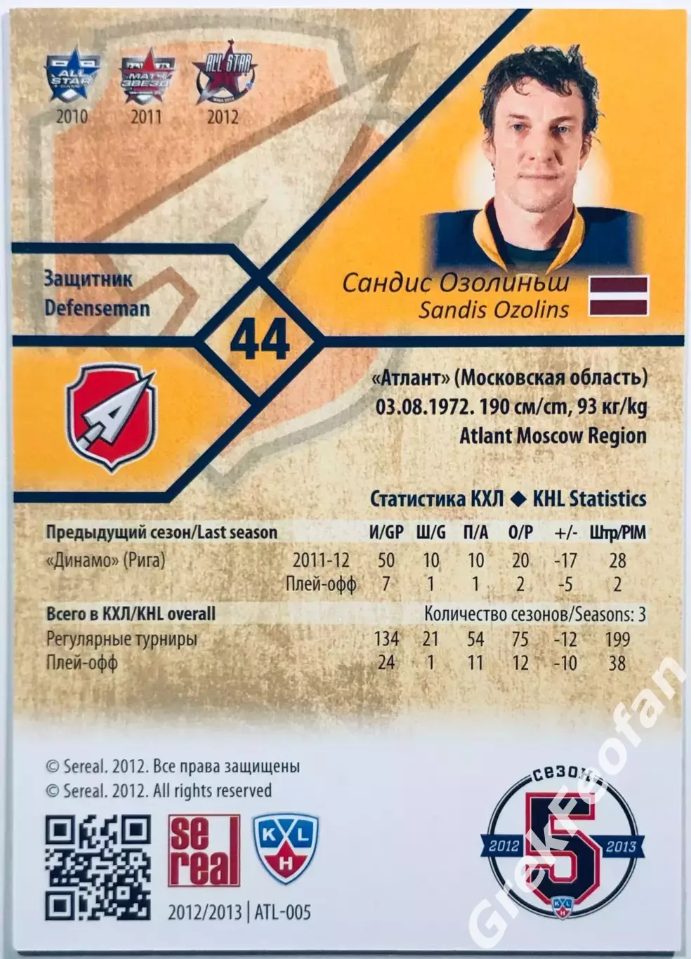 Карточка Сандис Озолиньш ХК Атлант МО 1