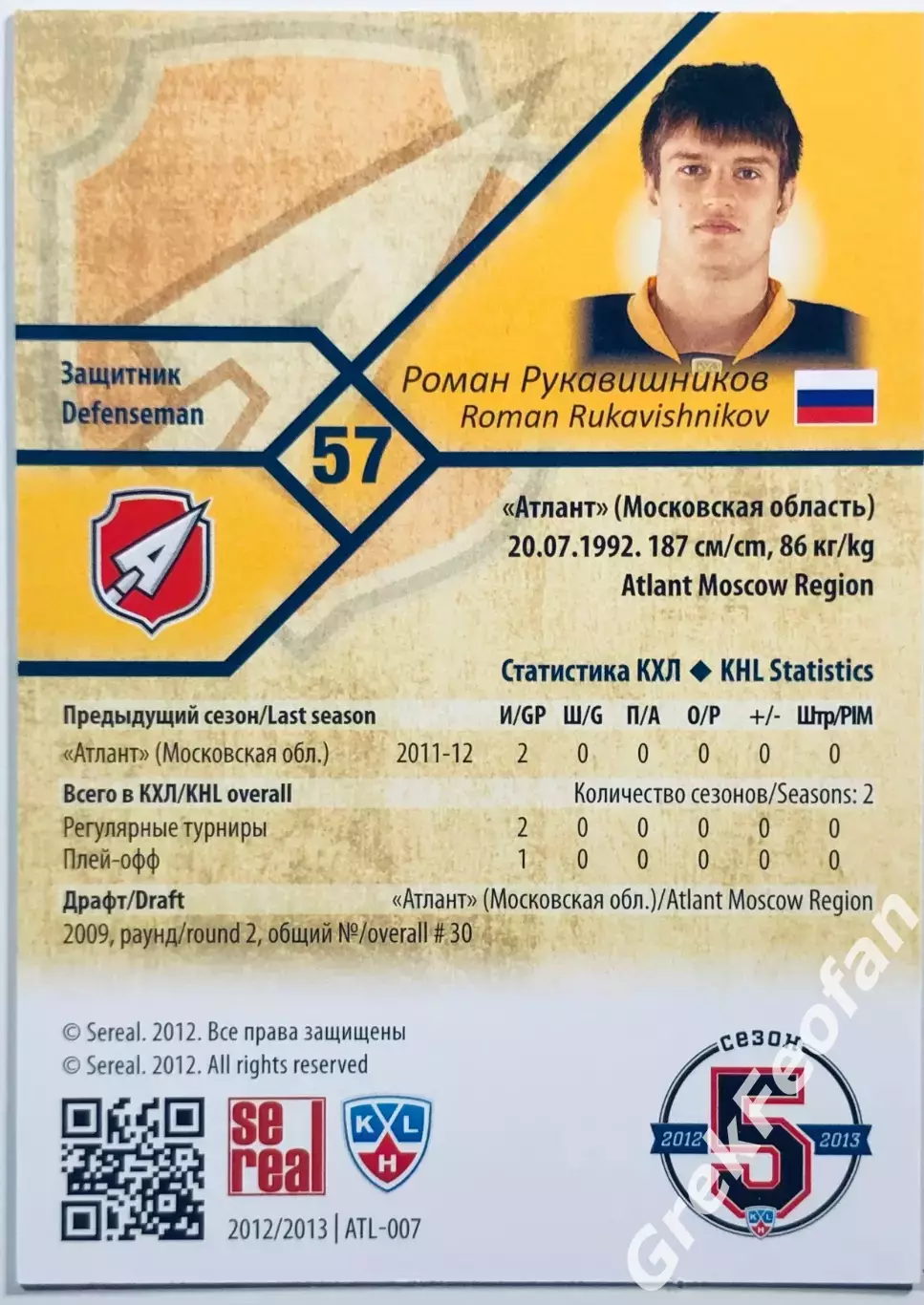 Карточка Роман Рукавишников ХК Атлант МО 1