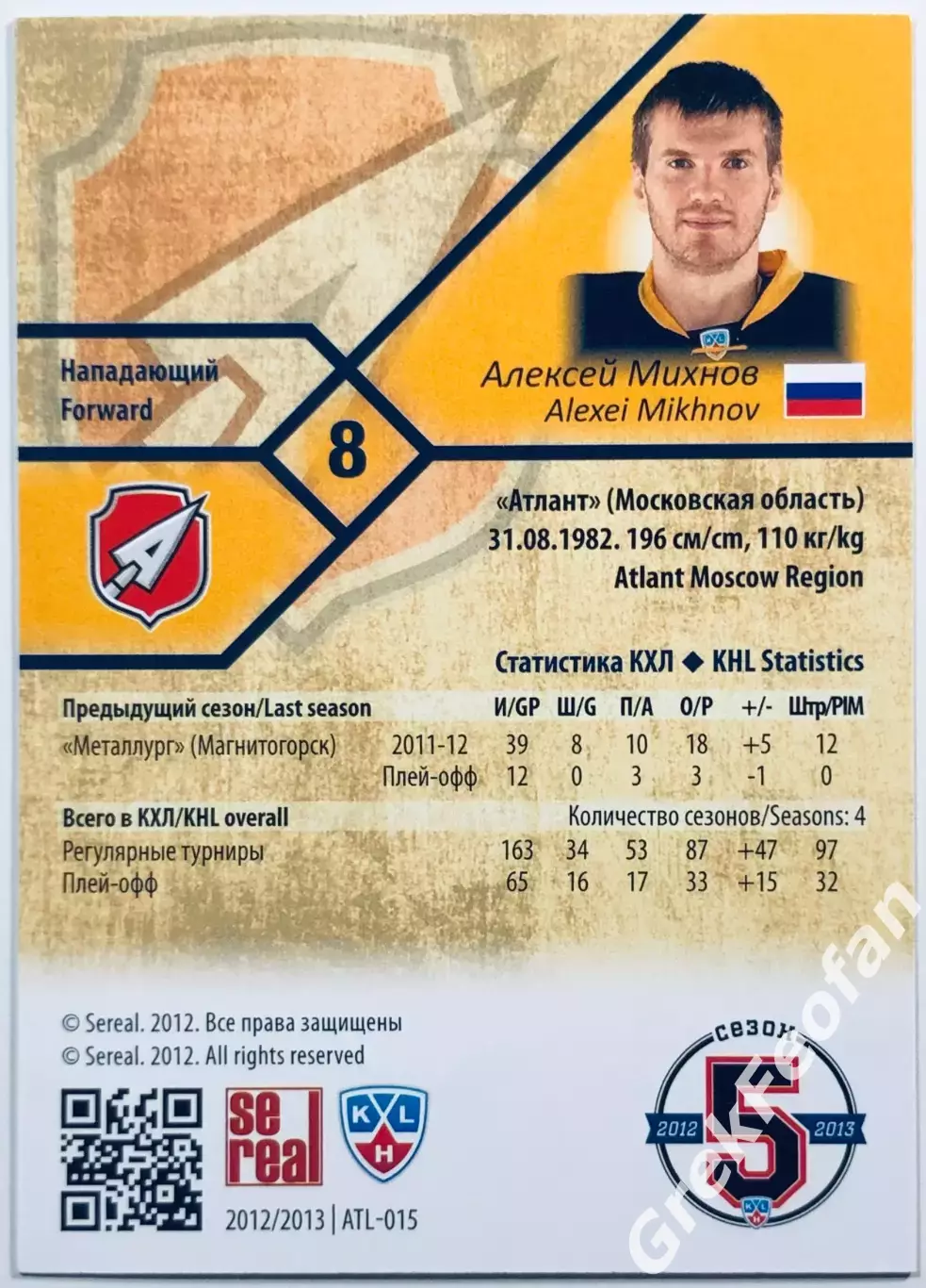 Карточка Алексей Михнов ХК Атлант МО 1