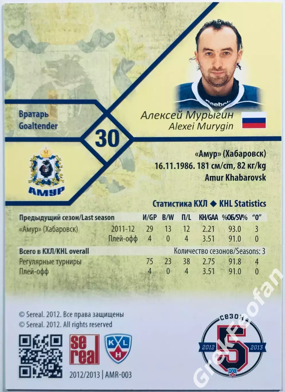 Карточка Алексей Мурыгин ХК Амур Хабаровск 1