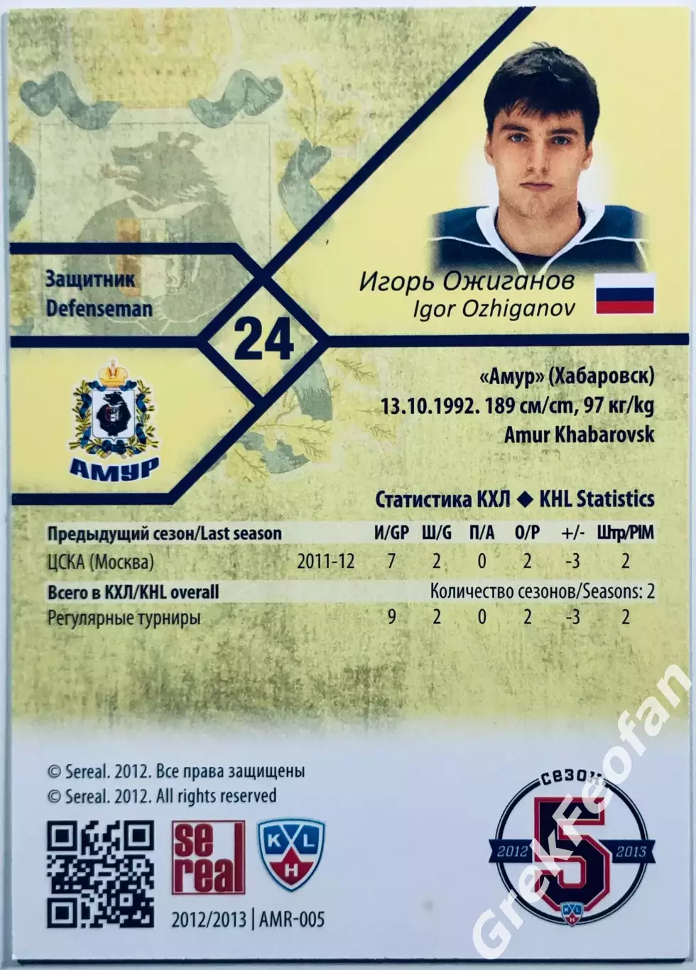 Карточка Игорь Ожиганов ХК Амур Хабаровск 1