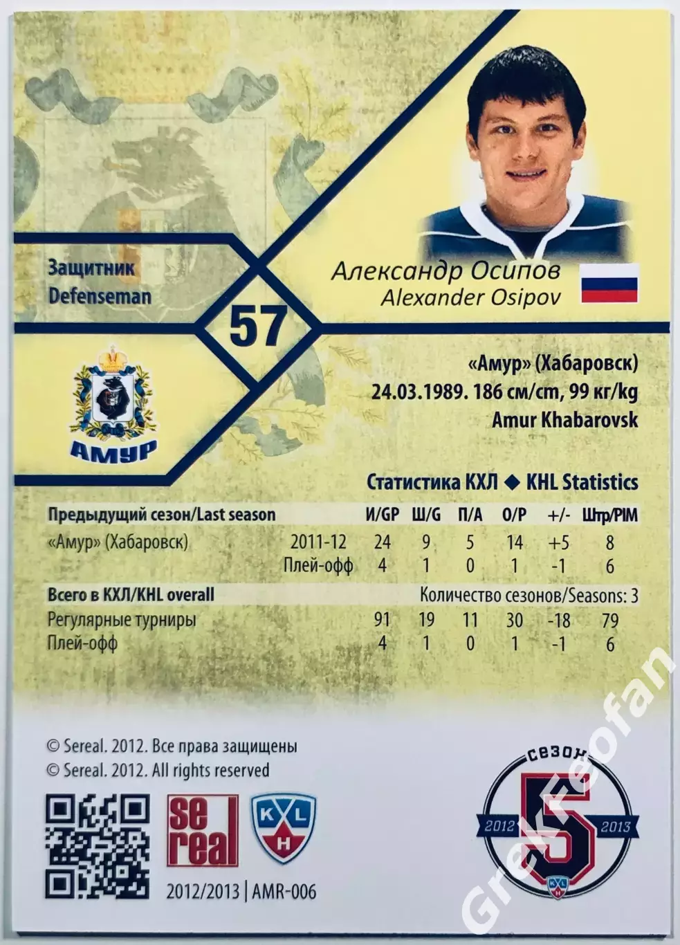 Карточка Александр Осипов ХК Амур Хабаровск 1