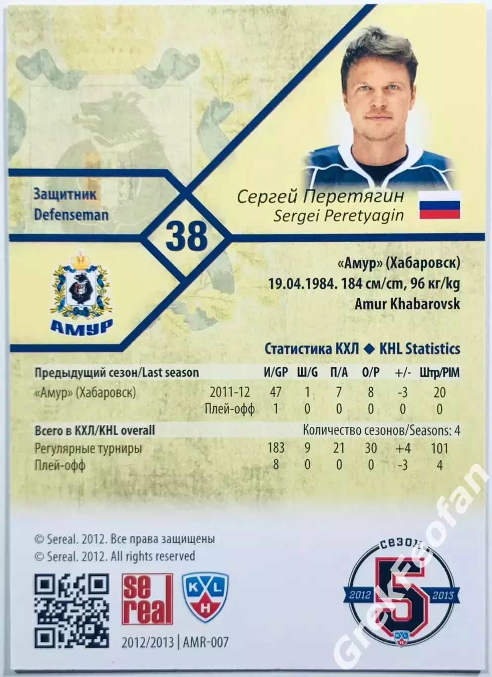 Карточка Сергей Перетягин ХК Амур Хабаровск 1