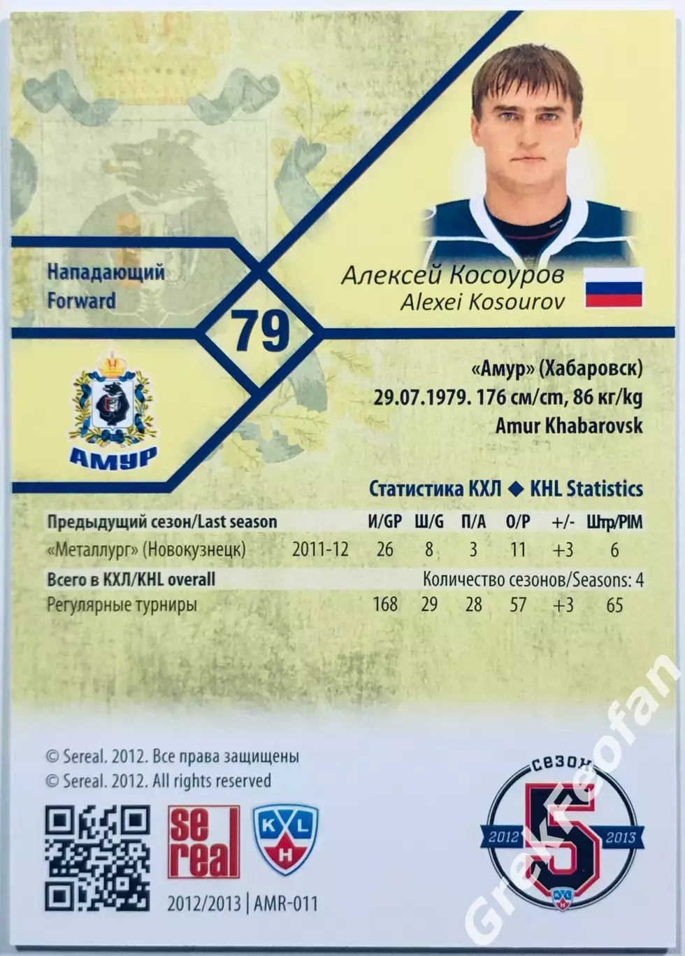 Карточка Алексей Косоуров ХК Амур Хабаровск 1
