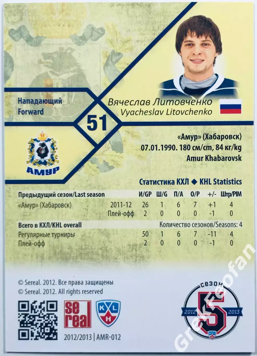 Карточка Вячеслав Литовченко ХК Амур Хабаровск 1