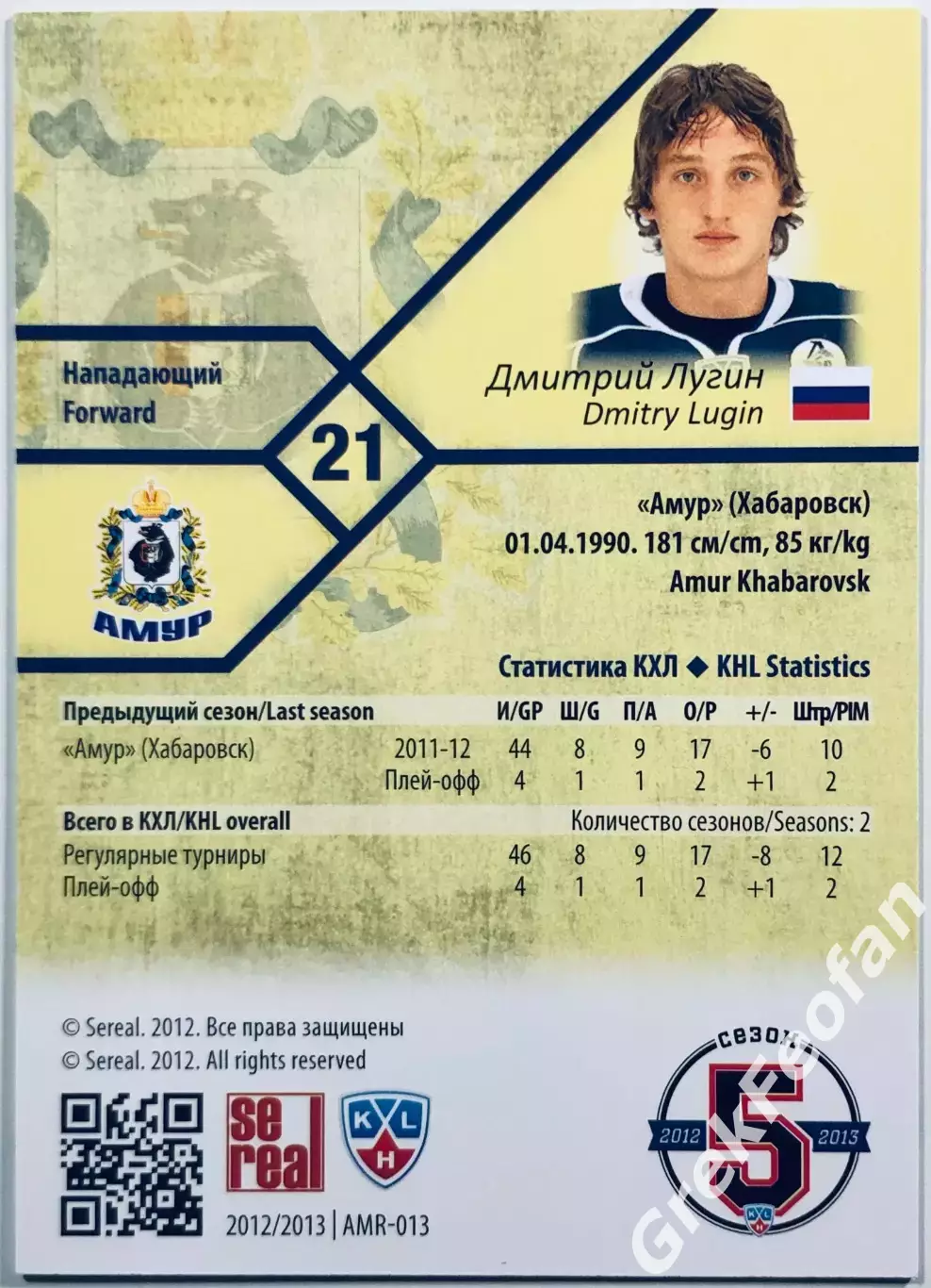 Карточка Дмитрий Лугин ХК Амур Хабаровск 1