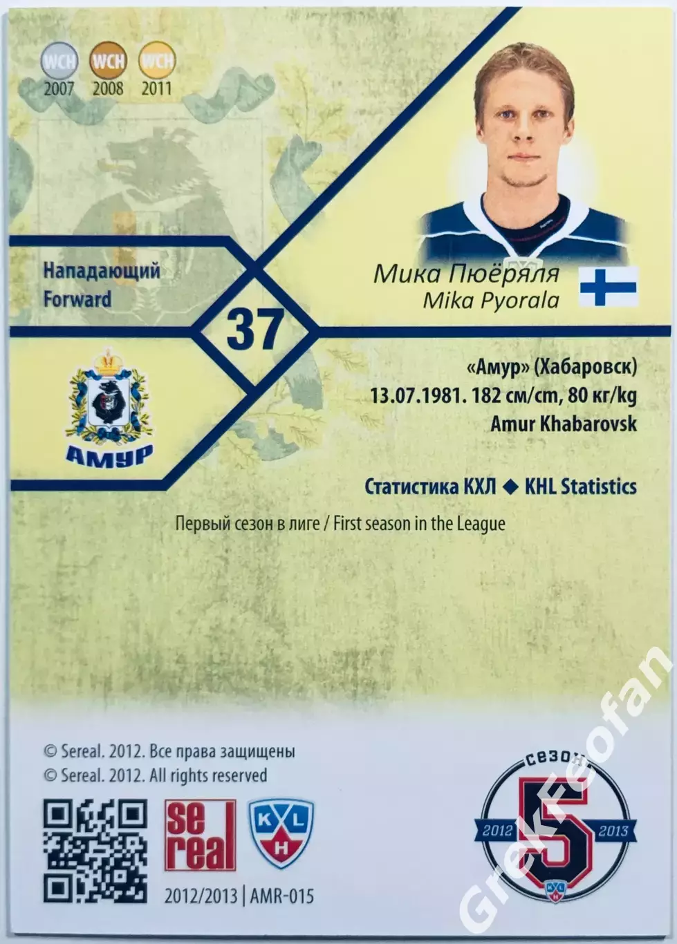 Карточка Мика Пюёряля ХК Амур Хабаровск 1