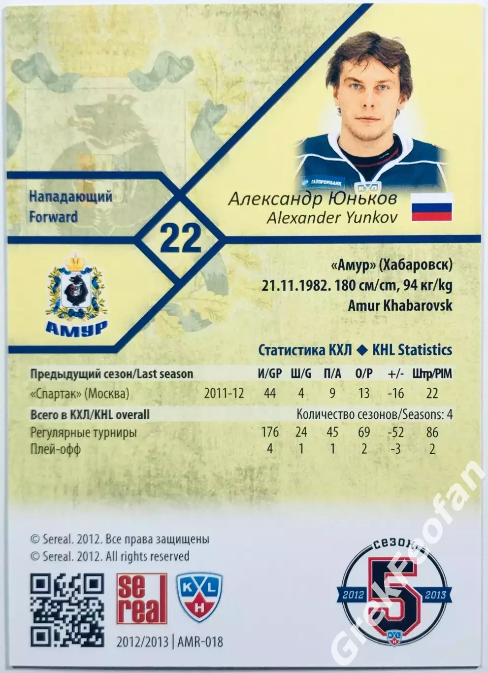Карточка Александр Юньков ХК Амур Хабаровск 1