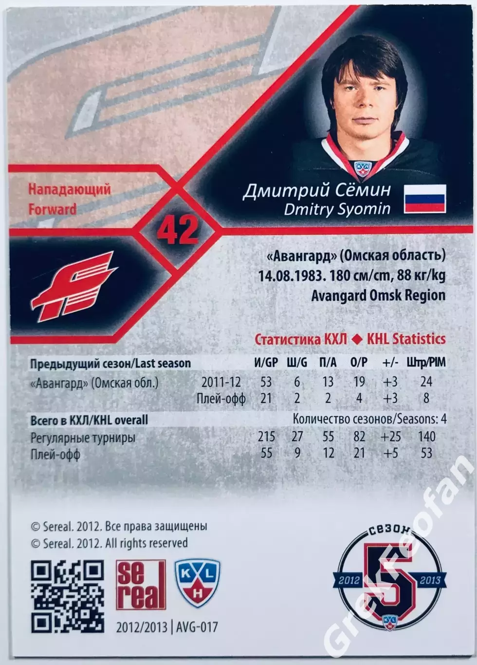 Карточка Дмитрий Сёмин ХК ”Авангард” Омск 1
