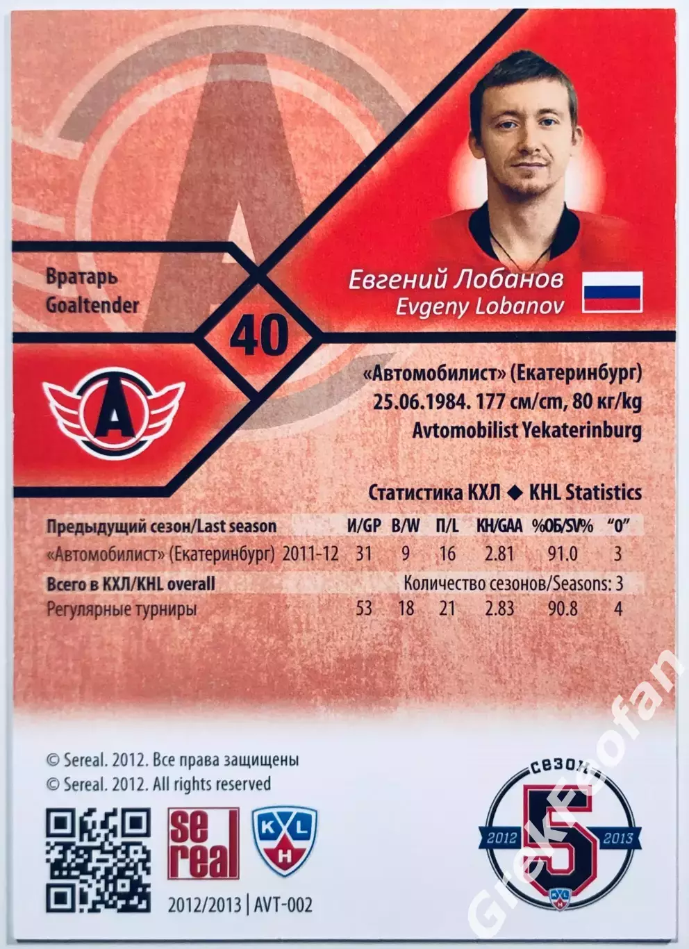 Карточка Евгений Лобанов ХК Автомобилист Екатеринбург 1