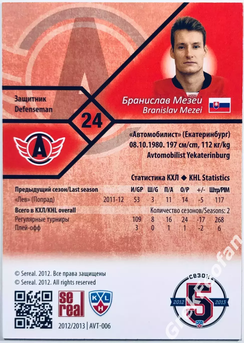 Карточка Бранислав Мезеи ХК Автомобилист Екатеринбург 1