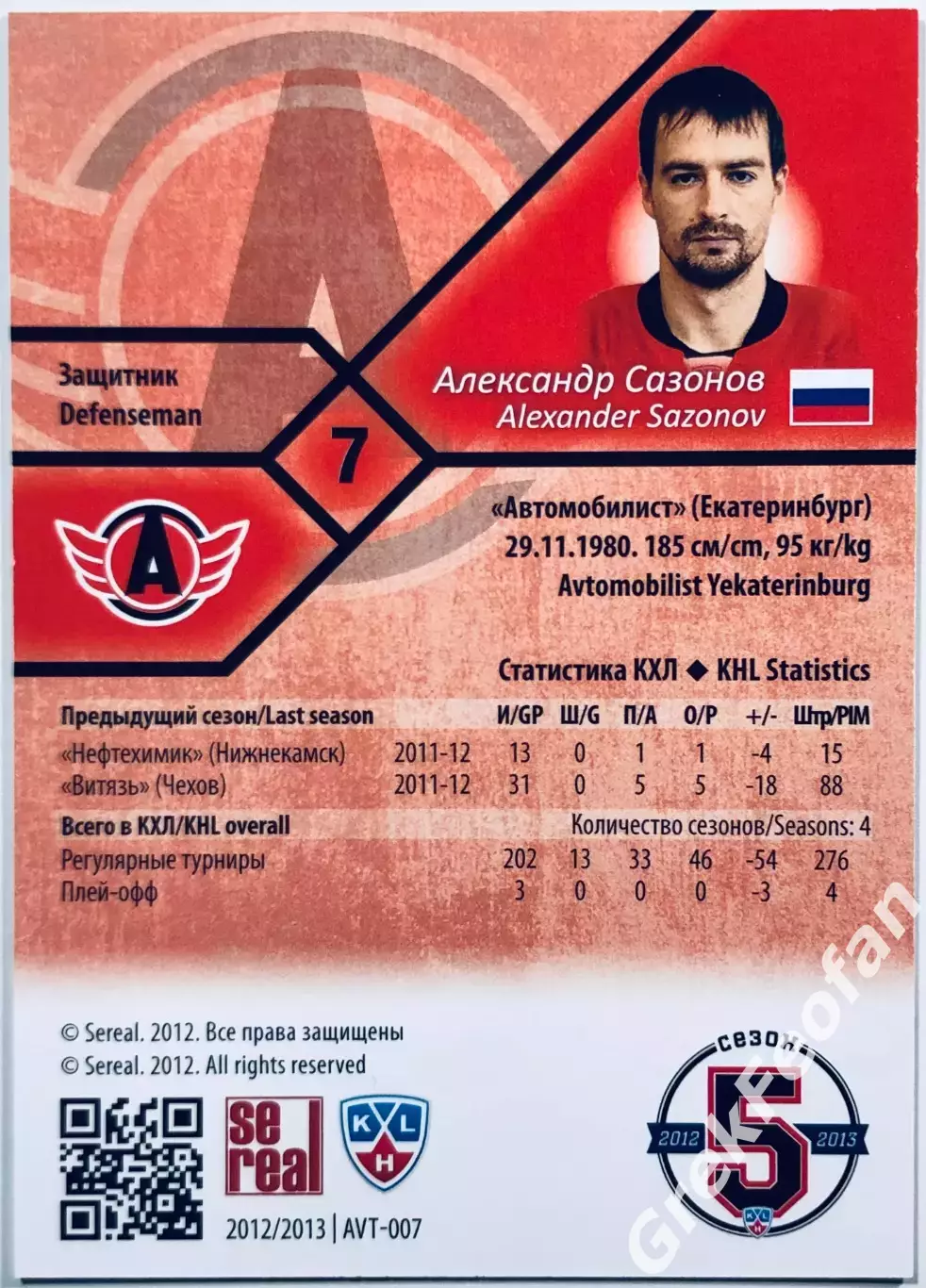 Карточка Александр Сазонов ХК Автомобилист Екатеринбург 1