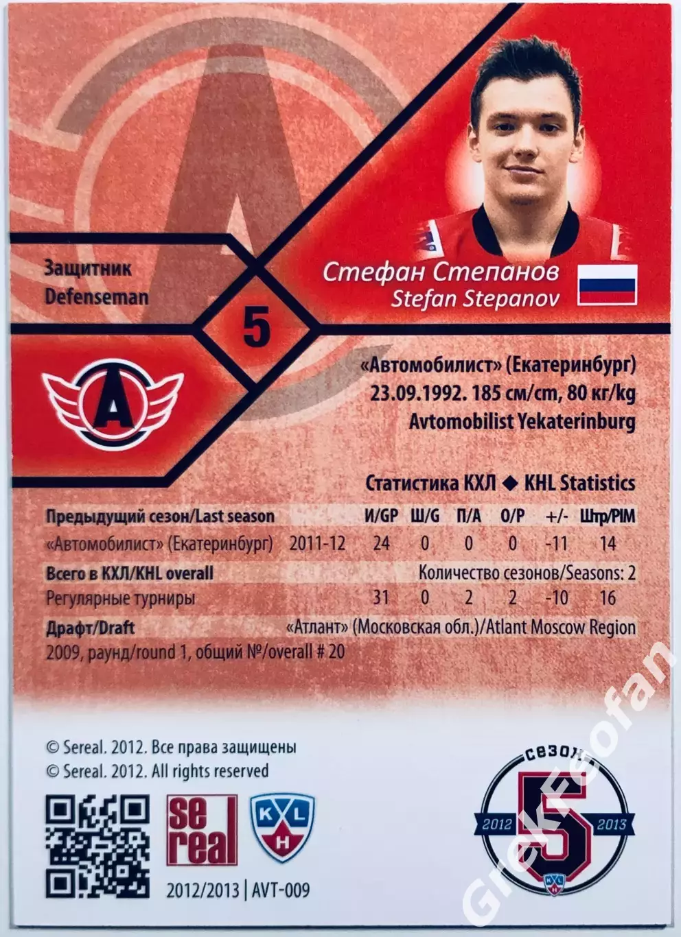 Карточка Стефан Степанов ХК Автомобилист Екатеринбург 1