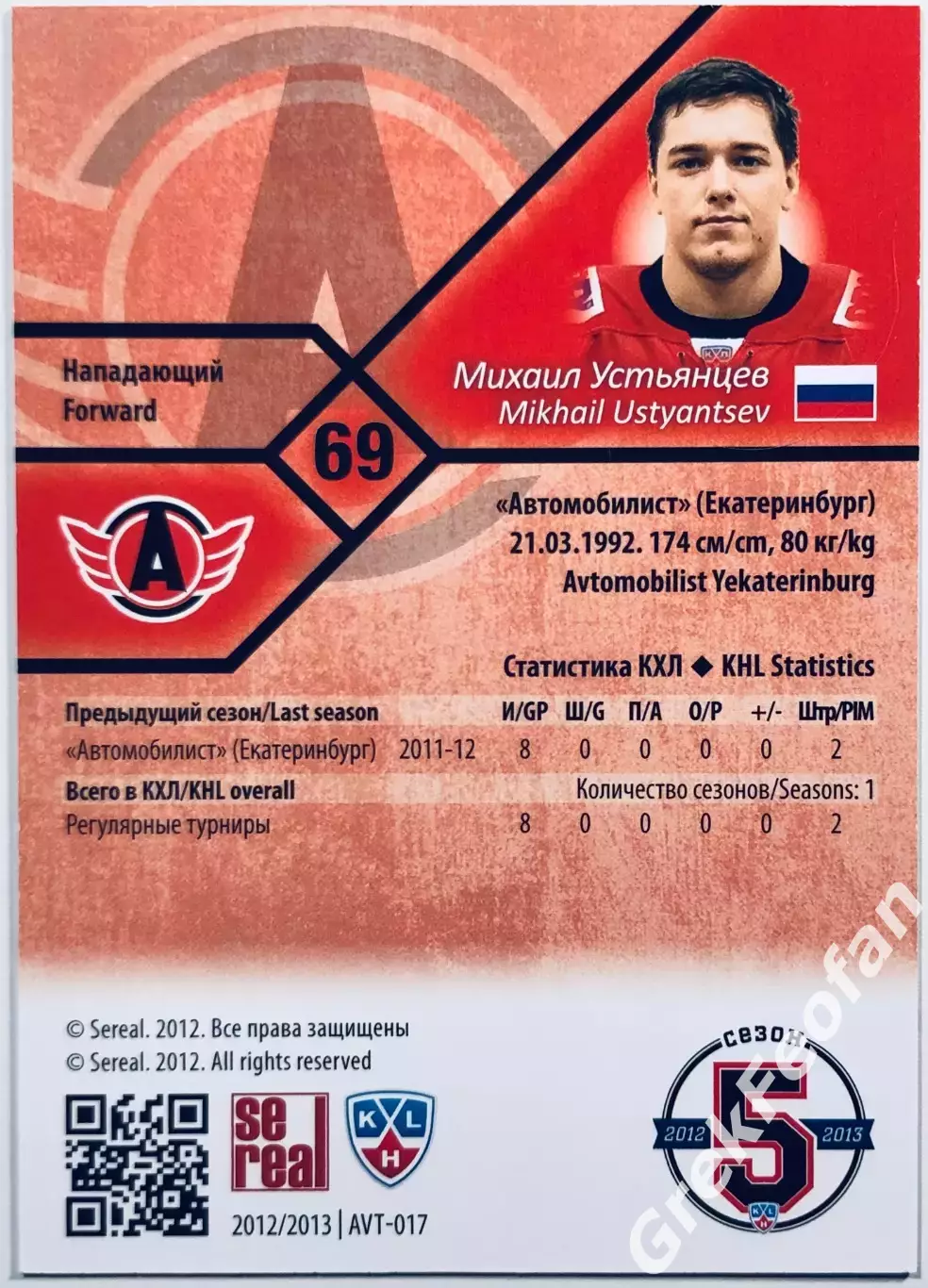 Карточка Михаил Устьянцев ХК Автомобилист Екатеринбург 1
