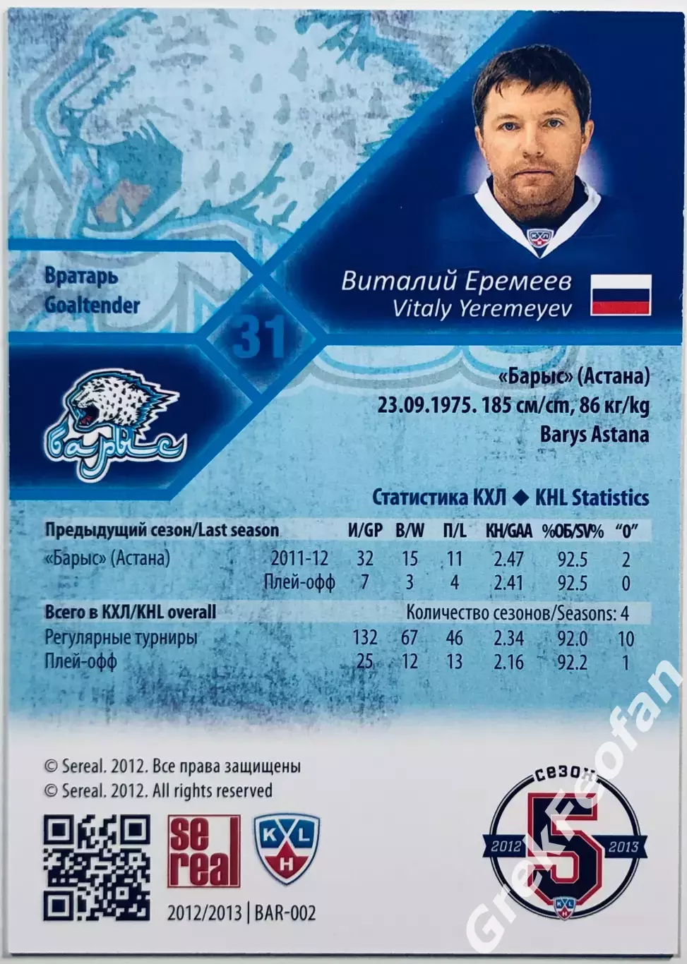 Карточка Виталий Еремеев ХК ”Барыс” Астана 1