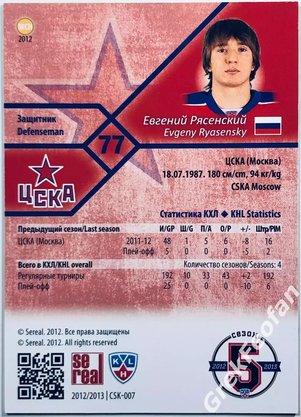Карточка Евгений Рясенский ХК ЦСКА Москва 1