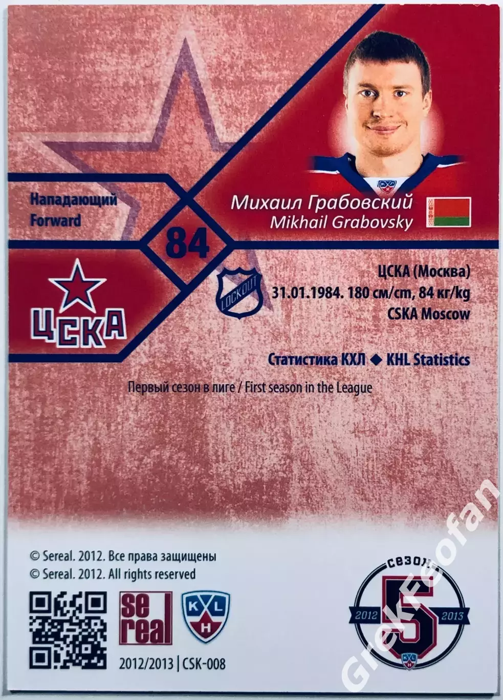 Карточка Михаил Грабовский ХК ЦСКА Москва 1