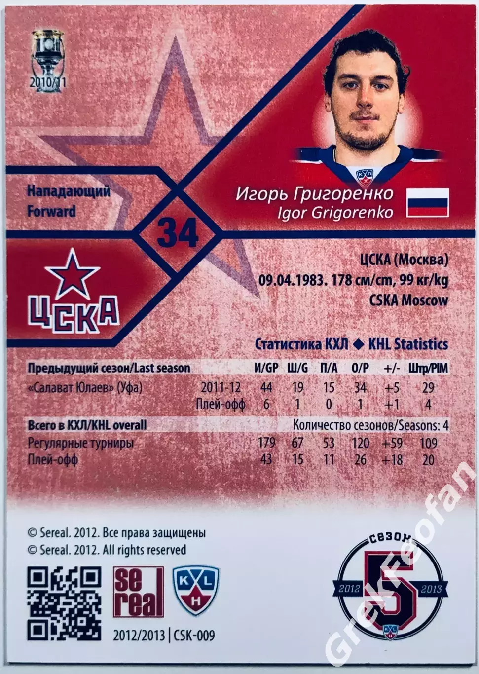 Карточка Игорь Григоренко ХК ЦСКА Москва 1