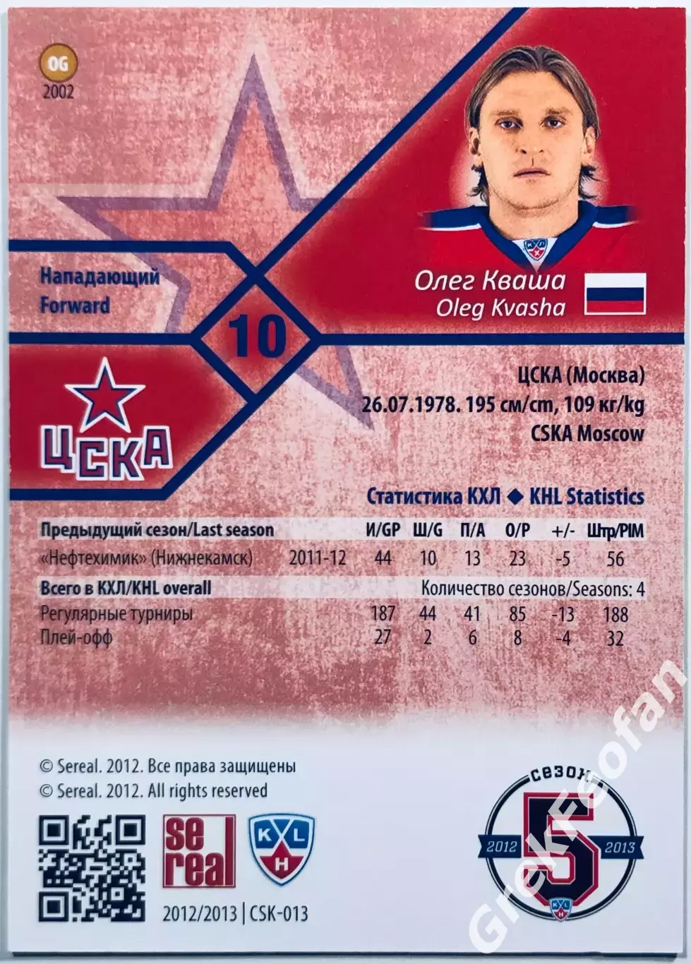 Карточка Олег Кваша ХК ЦСКА Москва 1