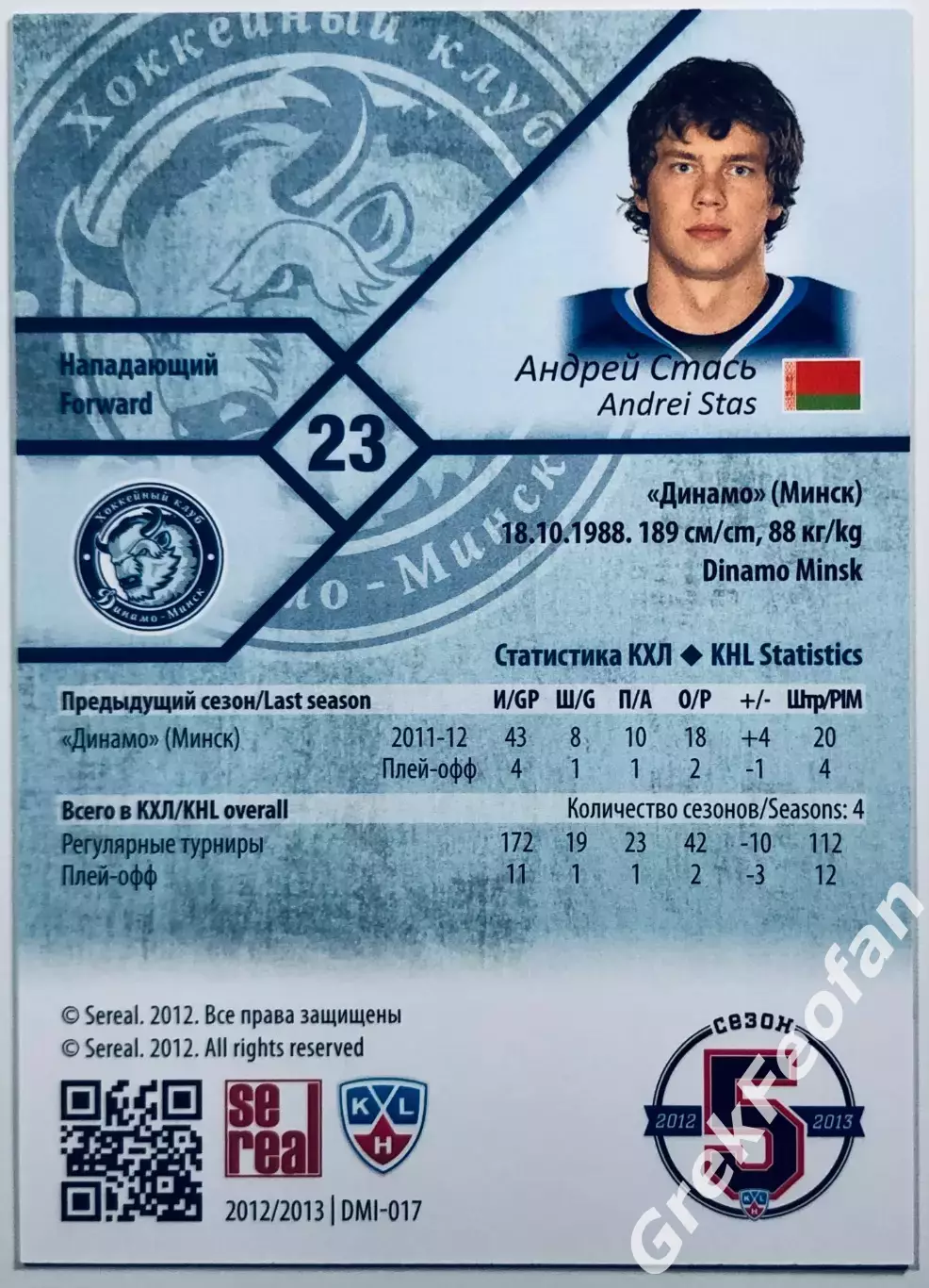 Карточка Андрей Стась ХК ”Динамо” Минск 1