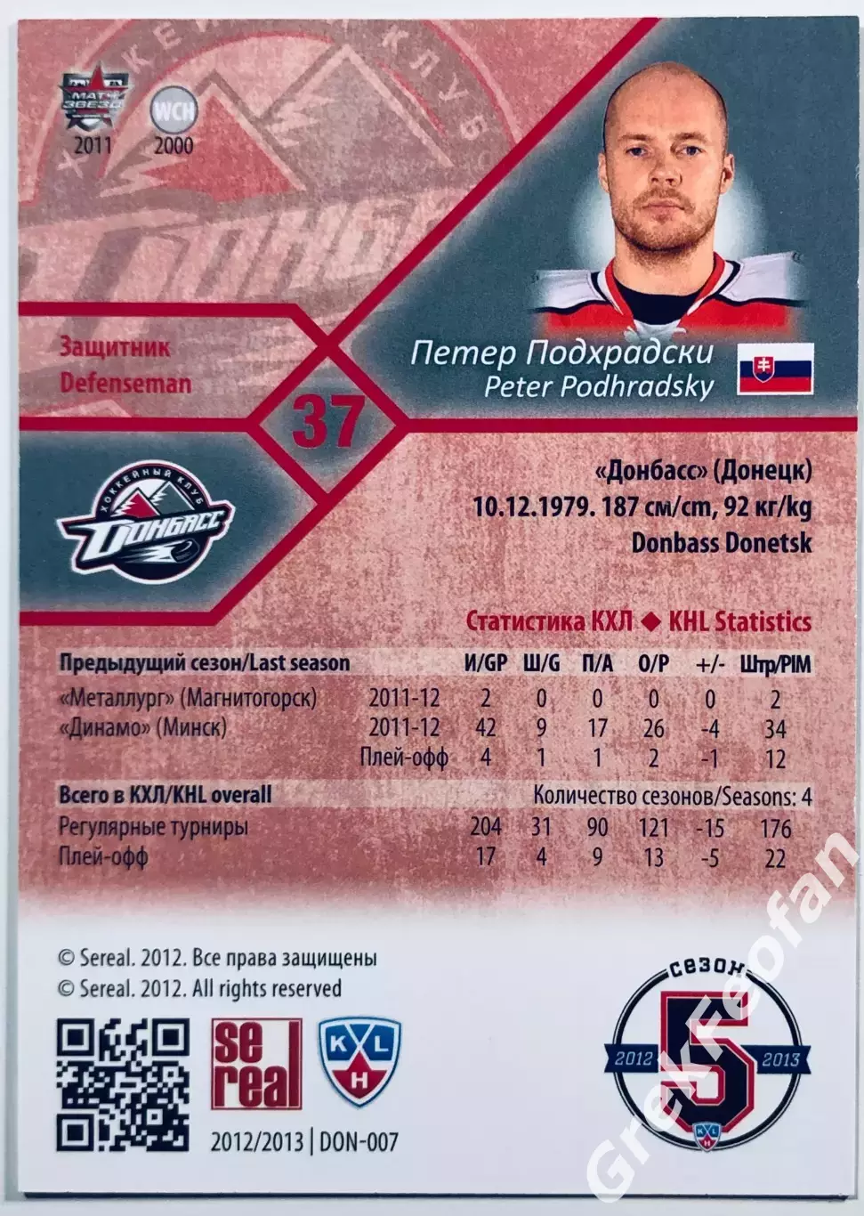 Карточка Петер Подхрадски ХК Донбасс Донецк 1