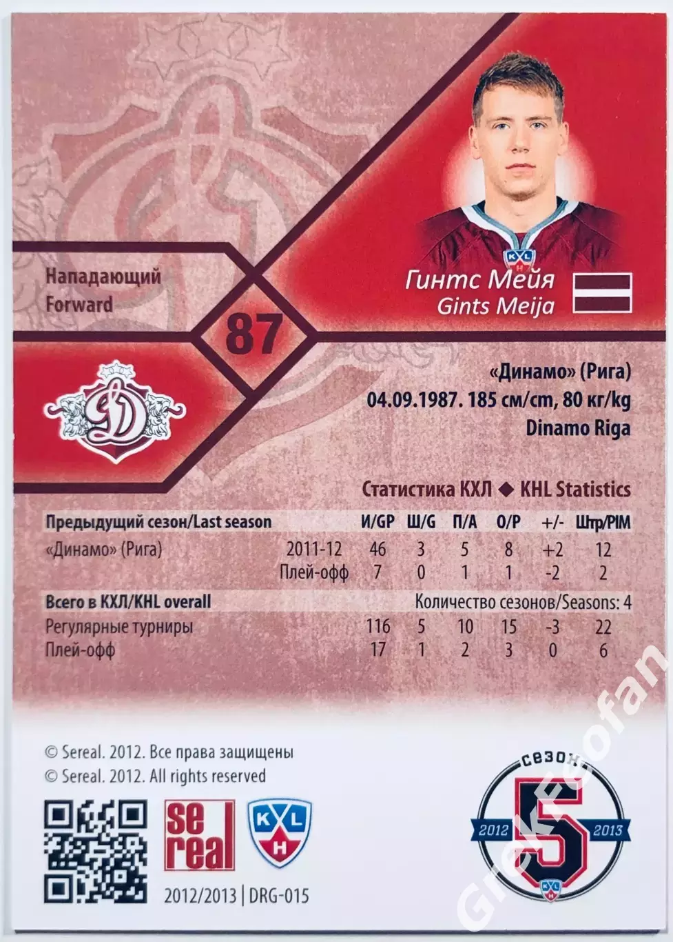 Карточка Гинтс Мейя ХК Динамо Рига 1