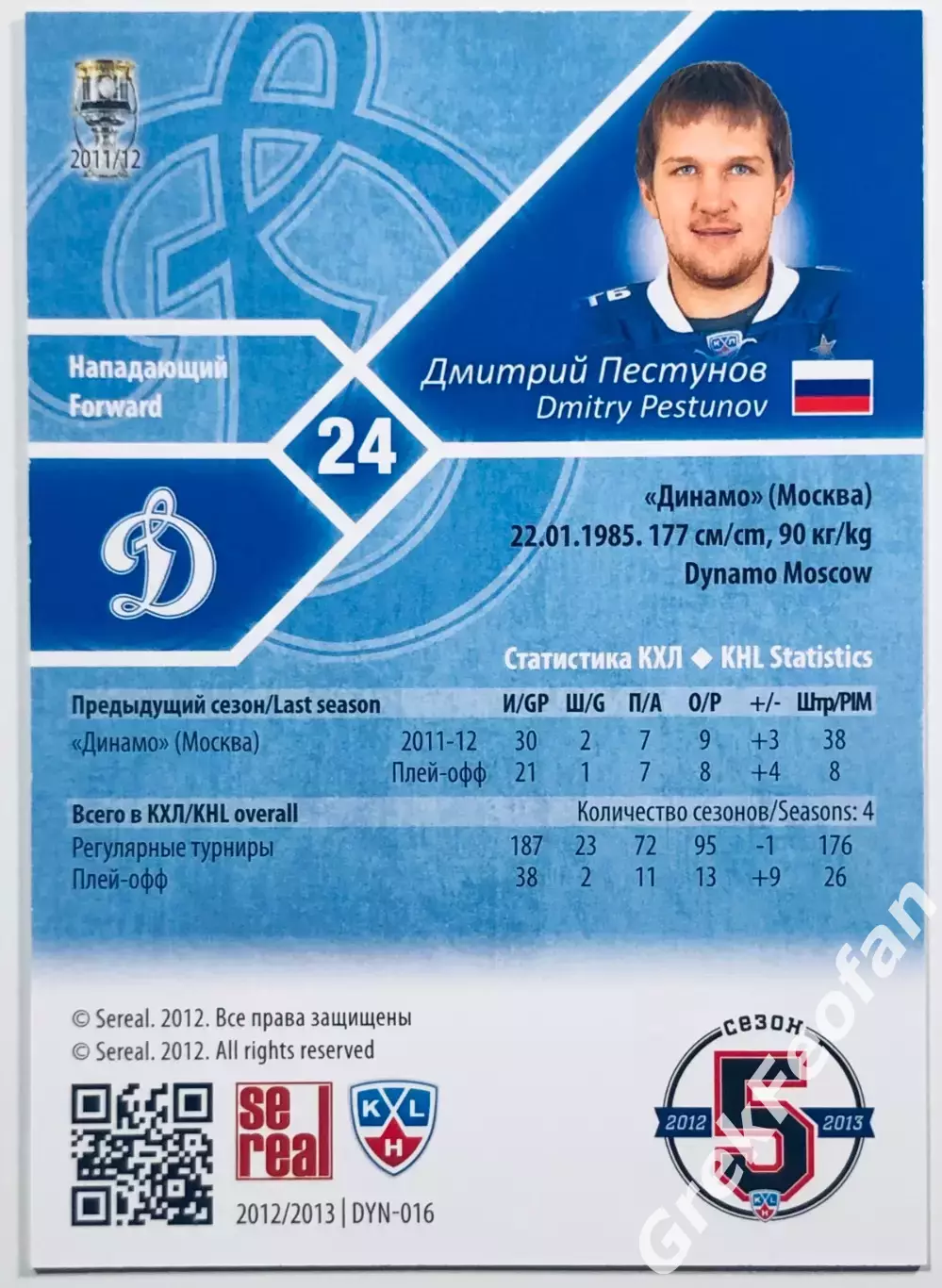 Карточка Дмитрий Пестунов ХК ”Динамо” Москва 1