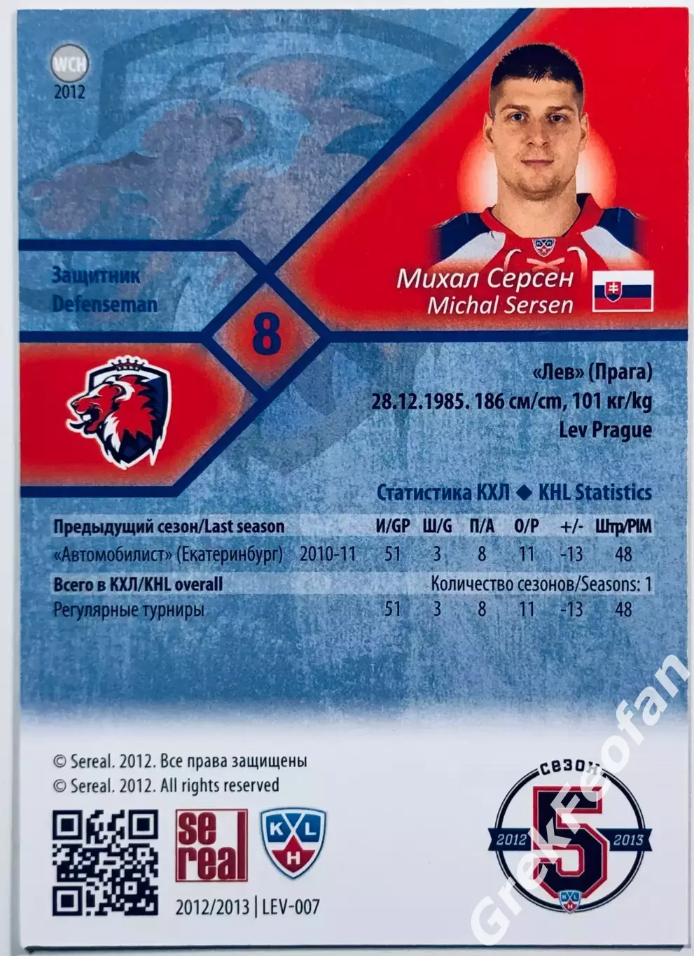 Карточка Михал Серсен ХК ”Лев” Прага 1