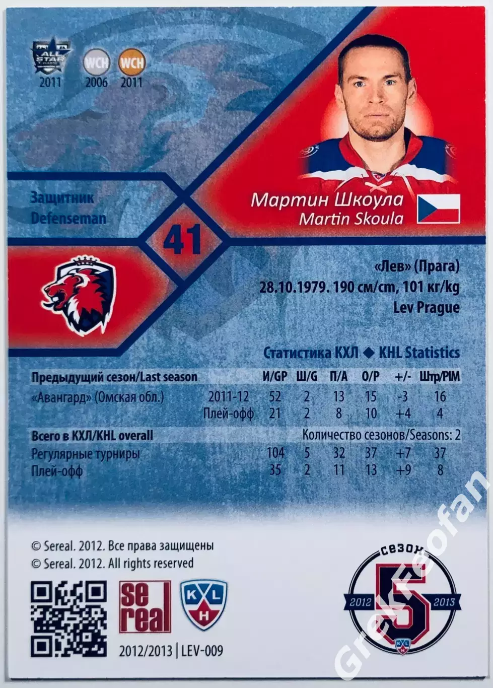 Карточка Мартин Шкоула ХК ”Лев” Прага 1