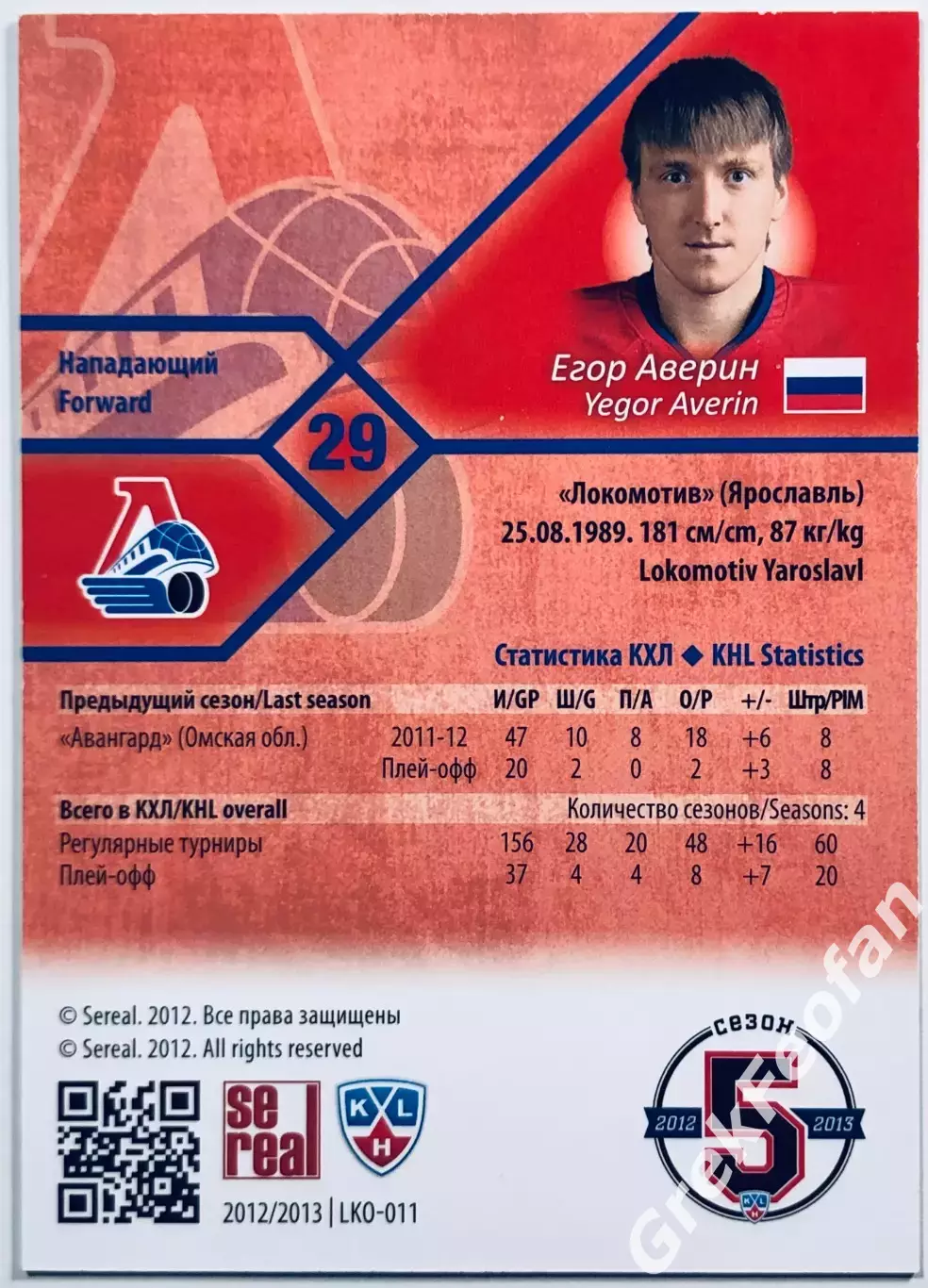 Карточка Егор Аверин ХК Локомотив Ярославль 1