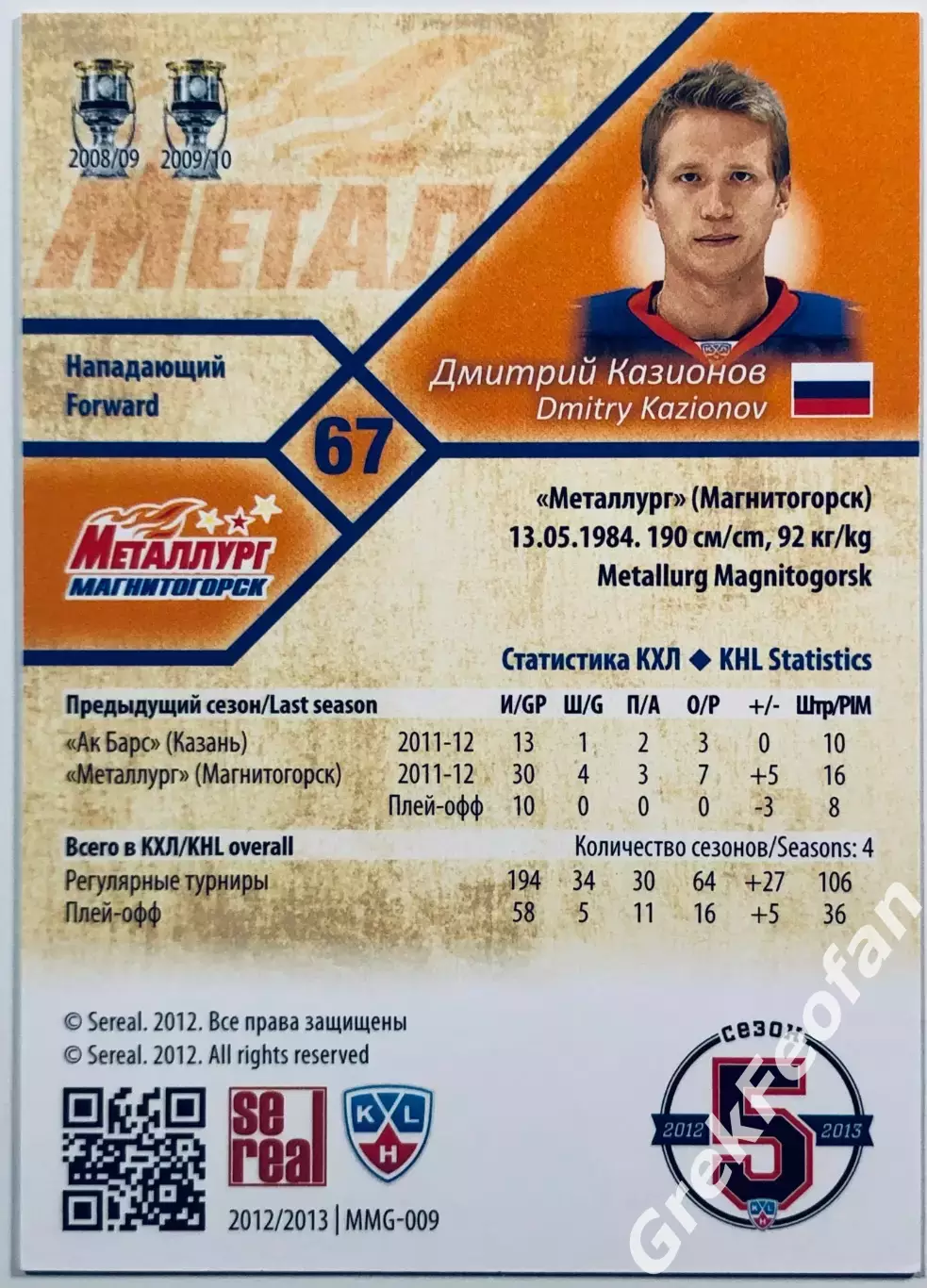 Карточка Дмитрий Казионов ХК Металлург Магнитогорск 1