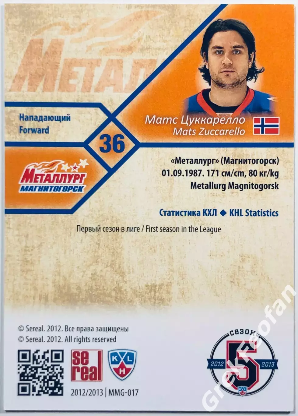 Карточка Матс Цуккарелло ХК Металлург Магнитогорск 1
