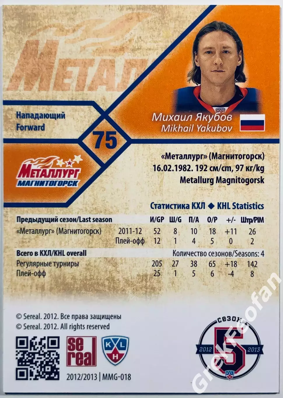 Карточка Михаил Якубов ХК Металлург Магнитогорск 1