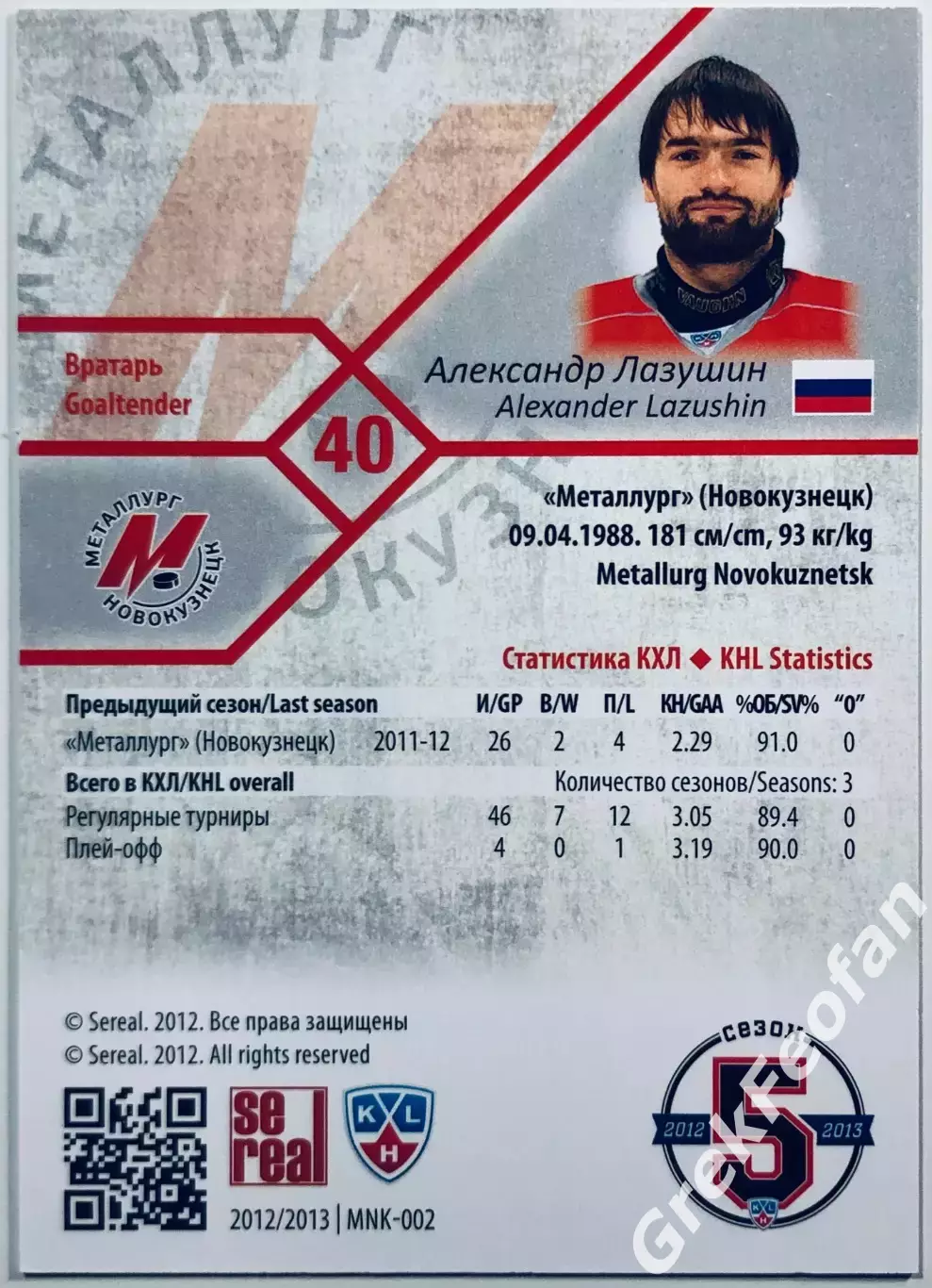 Карточка Александр Лазушин ХК Металлург Новокузнецк 1